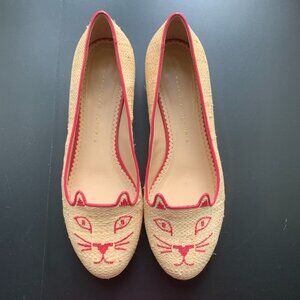 Charlotte Olympia Raffia & Pink  trim Kitty Flat shoes